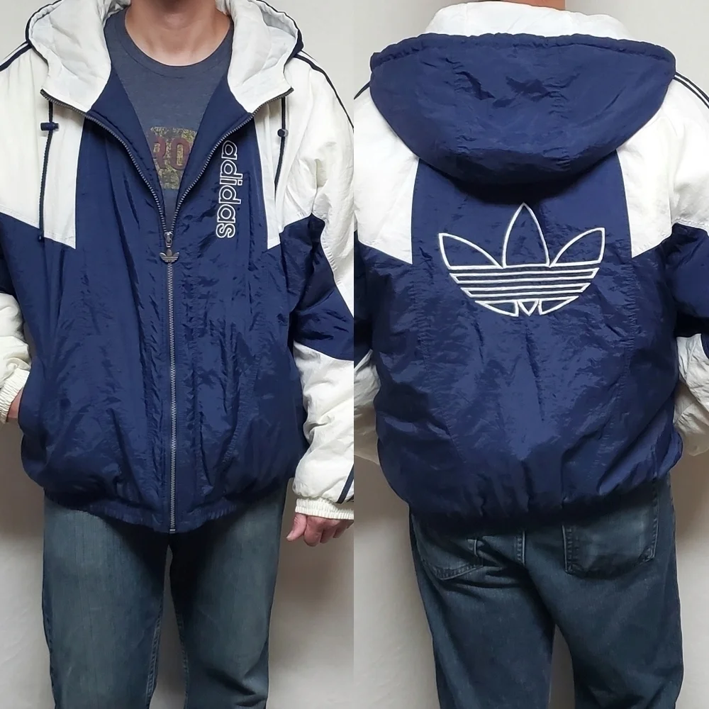 VINTAGE 90s Adidas Blue White Trefoil Logo Insulated Puffer Jacket Parka XL